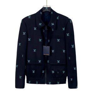 Louis Vuitton Dark Blue Logo Jacquard Wool-Cotton Jacket XS Size W/ Zipper & Lap